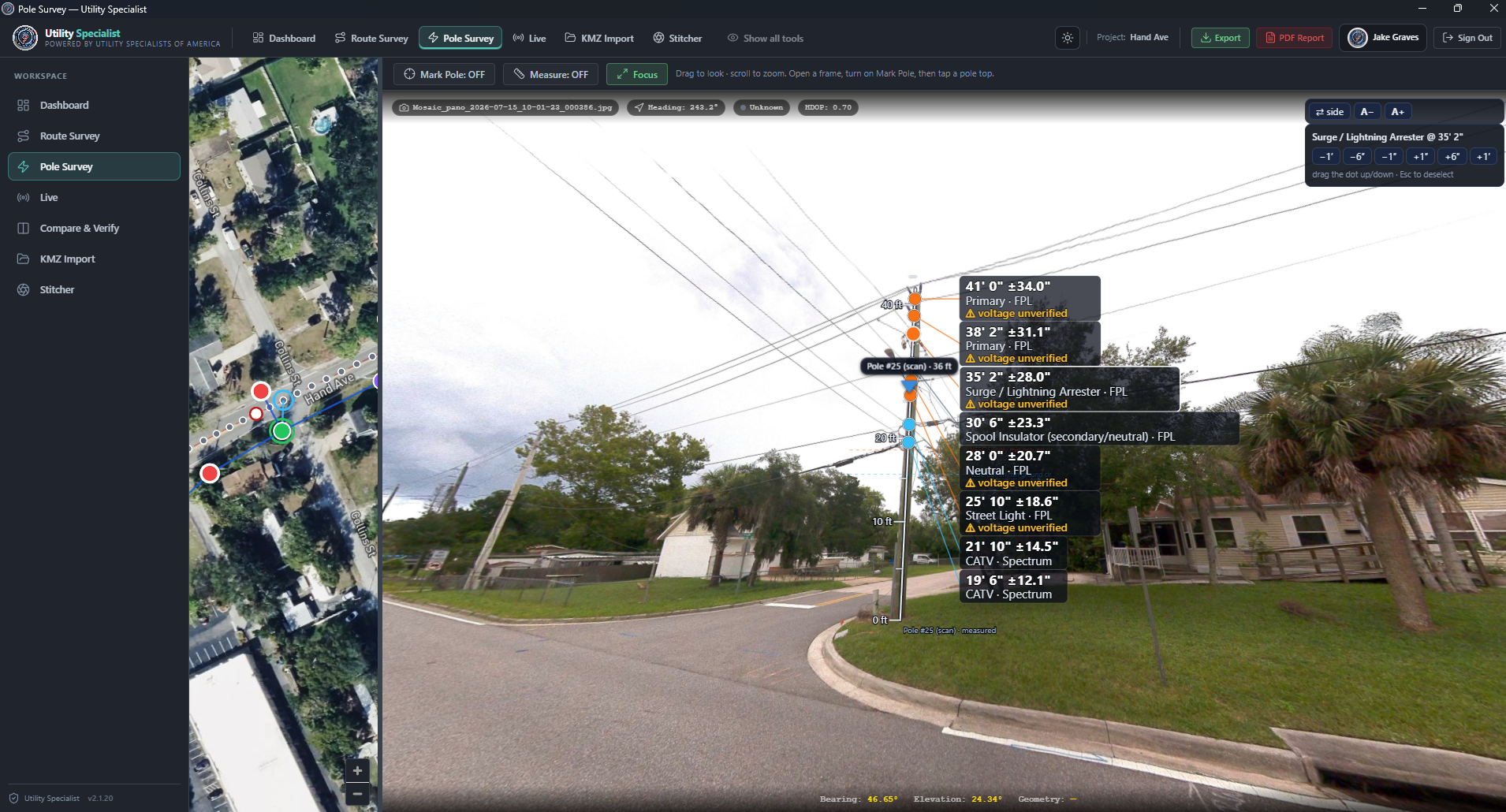 Pole Survey — caught pole with measured attachment heights